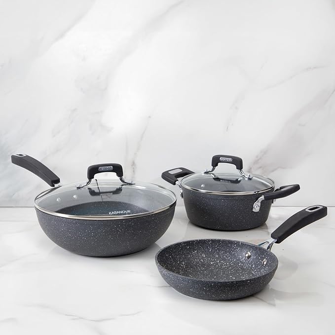 KASANOVA New Petra Dark 5-Pcs Cookware set Nonstick, Induction ready, Aluminum cookware set with glass lids, Frying Pans & Casseroles, PFOA free