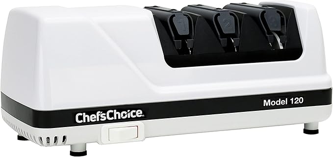 Chef'sChoice Professional Electric Knife Sharpeners With 100-Percent Diamond Abrasives And Precision Angle Guides For 20-Degree Straight-Edge and Serrated Knives, 3-Stage, White