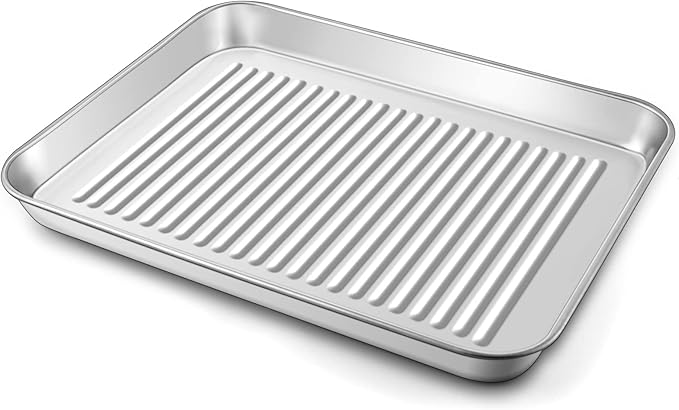 P&P CHEF 9 x 7 x 1 Inch Mini Toaster Oven Pan, Stainless Steel Small Baking Pan Oven Tray for Cooking & Roasting, Corrugated Bottom, Healthy & Sturdy, Dishwasher Safe - 1Pc
