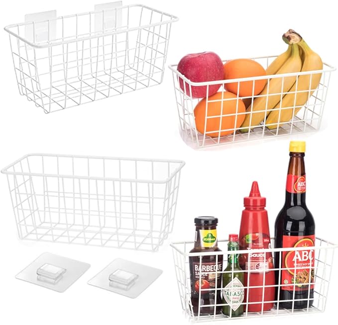 Hanging Kitchen Baskets Adhesive Sturdy Wire Storage Baskets with Kitchen Food Pantry Bathroom Shelf Storage No Drilling Wall Mounted,White,4 Pack