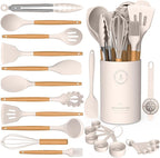 Silicone Cooking Utensils Set - AVGPD Silicone Kitchen Utensils for Cooking Wooden Handles, 446°F Heat Resistant Kitchen Utensil Spatula Sets w Holder, Gadgets for Non-Stick Cookware BPA FREE (Khaki)