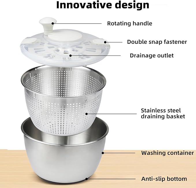 6L Stainless Steel Salad Spinner with Bonus Tong – Large Vegetable Spinner, Fruit Washer & Lettuce Dryer, Dishwasher‑Safe Stainless Salad Spinner with Strainer Bowl for Greens, Pasta & Small Fruits