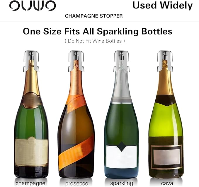 Champagne Stopper 6 Pack Stainless Steel Champagne Save with Food Grade Silicone, Leak-Proof Bubble Retaining Saver, Suitable for Champagne Prosecco Cava and Sparkling (Silver)