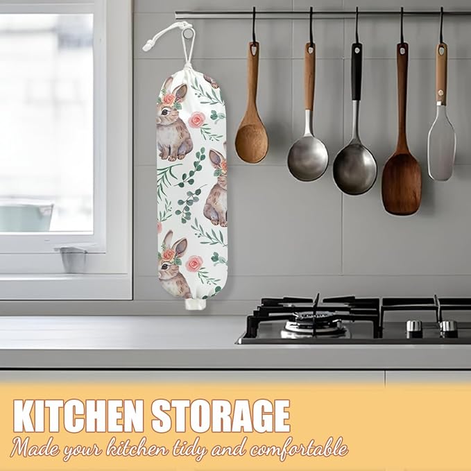 Rabbit Bunny Plastic Bag Holder, Wall Mount Grocery Bag Holder, Plastic Storage bag, Pull Rope Free Adjustment, Plastic Bag Holders for Grocery Bags, Plastic Bag Dispenser for Home Kitchen Camping