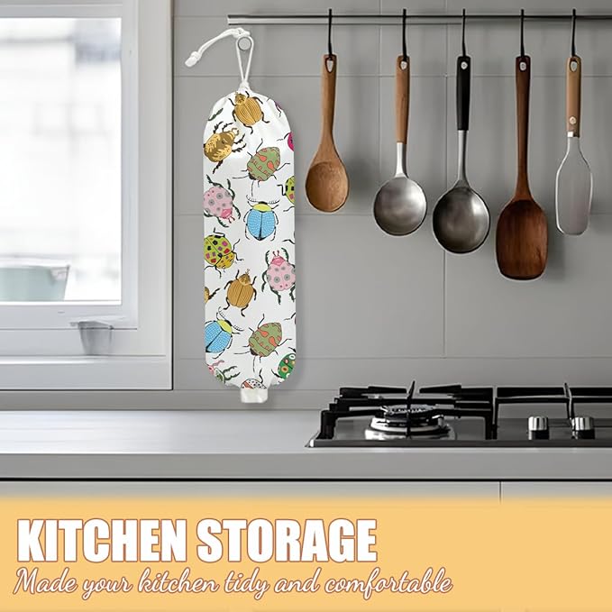 Insect Beetle Plastic Bag Holder, Wall Mount Grocery Bag Holder, Plastic Storage bag, Pull Rope Free Adjustment, Plastic Bag Holders for Grocery Bags, Plastic Bag Dispenser for Home Kitchen