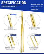 JETKONG 2 Pcs 9-Inch Cooking Tweezers Stainless Steel Food Tweezers Kitchen Tweezer Tongs (Gold)