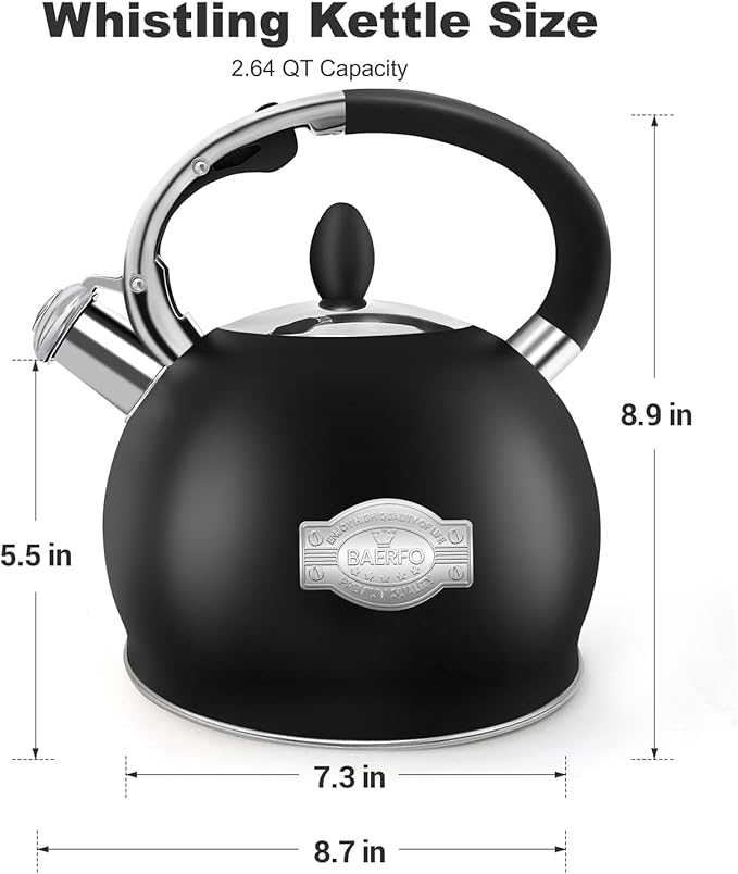 Stove Top Kettle,Whistling Tea Kettle,Premium 18/8 Food-Grade Ceramic-Coated Stainless Steel Teakettle,Vintage-Style Teapot,Includes a Hot Pad,2.64 Quart (Black)
