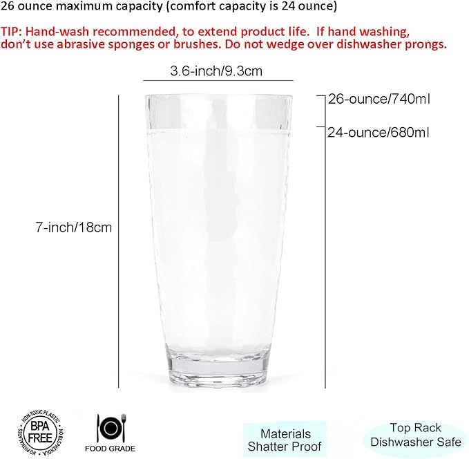 KOXIN-KARLU Hammered 15-ounce and 26-ounce Plastic Tumbler Acrylic Glasses, set of 8 Clear
