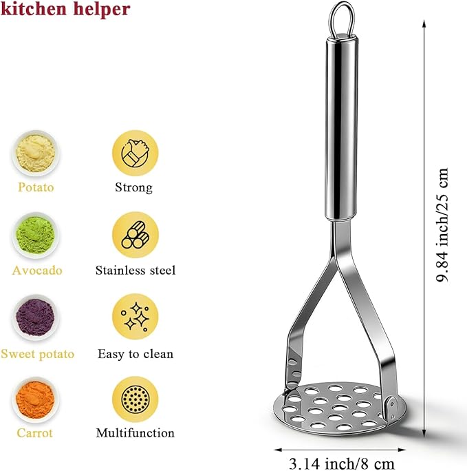 Homquen Stainless Steel Potato Masher, Sturdy Mashed Potato Masher, Potato Ricer, Masher Kitchen Tools for Vegetables&Fruit, Dishwasher Safe (9.84inch)