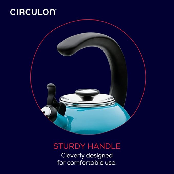 Circulon Enamel on Steel Whistling Induction Teakettle, Tea Kettle for Stovetop with Flip-Up Spout, 2-Quart, Turquoise