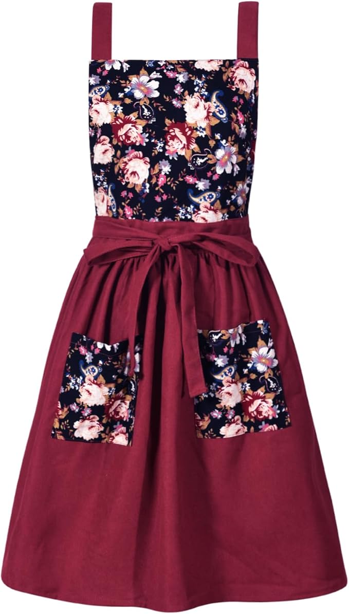 Pinknoke Vintage Pinafore Apron Dress for Women with Pockets Cute Floral Chef Aprons for Kitchen Cooking Baking Gardening