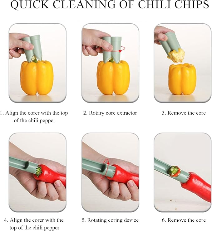 Pepper Corer Seed Remover Tool, Bell Pepper Core Cutter Deseeder, 2 in 1 Fruit & Vegetable Core Tools for Kitchen Family Camping Restaurant (Green)