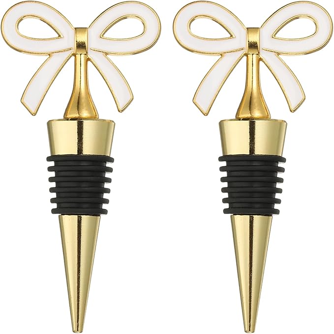uxcell 2 Pcs Bow Wine Stopper, Reusable Wine Stoppers Airtight Leak-proof Bottle Plugs Liquor Saver Beer Beverage Glass Bottles Stopper for Bar Holiday Party Home Decor, Gold-White