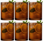 Physkoa Brown Ribbed Drinking Glasses Set of 6 – 9oz Vintage Amber Brown Glassware, Embossed Ribbed Tumbler Cups for Whiskey, Juice, Water, Cocktail