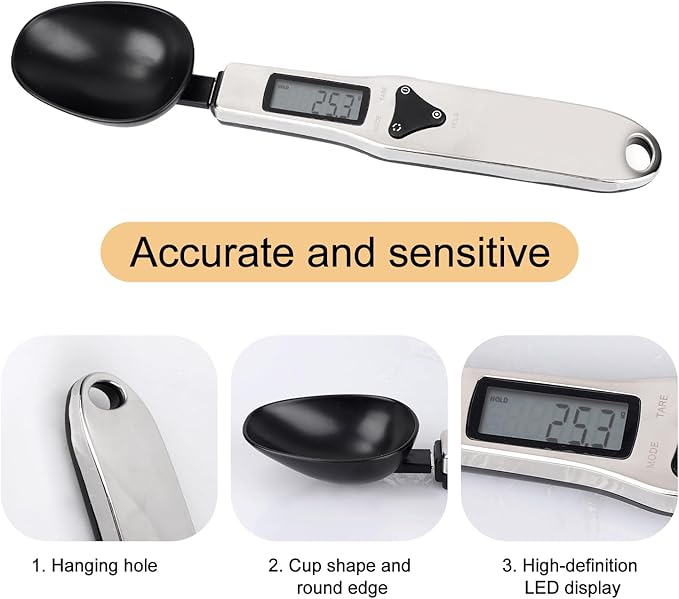 Electronic Food Measuring Spoon, Stainless Steel Digital Scoop Scale Small Baking Weight Cup with LCD Display 300g/0.1g High Precision Gram Kitchen Gadgets for Home Kitchen