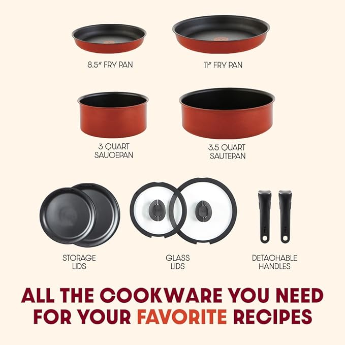 T-fal Ingenio Nonstick Cookware Set, Induction, Oven Broiler Safe 500F, Cookware, Pots and Pans, RV, Camping, Oven, Broil, Dishwasher Safe, Detachable Handle, Red (Pack of 20)