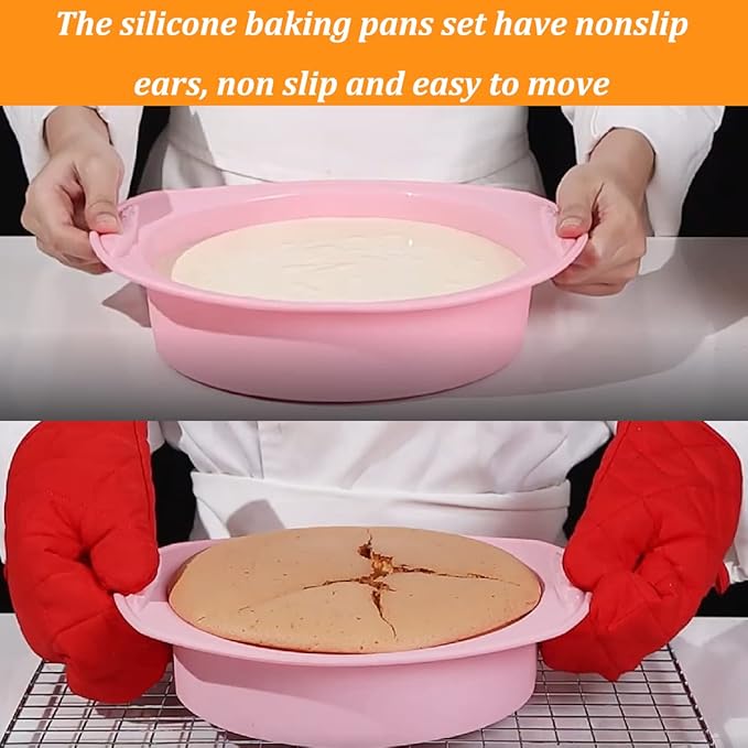 Acidea Nonstick Silicone Bakeware Set, 7pcs Baking Cake Pan, Economical BPA Free Heat Resistant Bakeware Suppliers Tools Kit with Silicone Brush for DIY Loaf Bread Cheesecake Pizza Cupcake Muffin