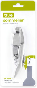 True Sommelier Waiters Corkscrew Wine Opener, Stainless Steel with Built-in Bottle Opener and Sharp Foil Cutter for Bartenders, Home Bar, Kitchen, Travel, Gifts for Wine Lovers, Set of 1, Silver