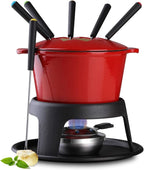 Artestia Cast Iron Cheese Fondue Pot for Chocolate Fondue Pot Swiss Fondue Set for Camping Outdoor with 6 Fondues Forks, 11-Piece Cheese Fondue Sets Serve 6 Persons (Red)