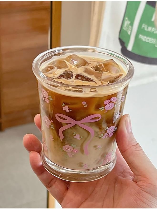 Set of 2 12 OZ Floral Drinking Glasses French Glass Coffee Cup Cute Bow Flower Glass Cups for Iced Coffee,Tea,Juice,Milk,Latte,Dessert,Stackable Glassware Drinkware Set(pink floral)