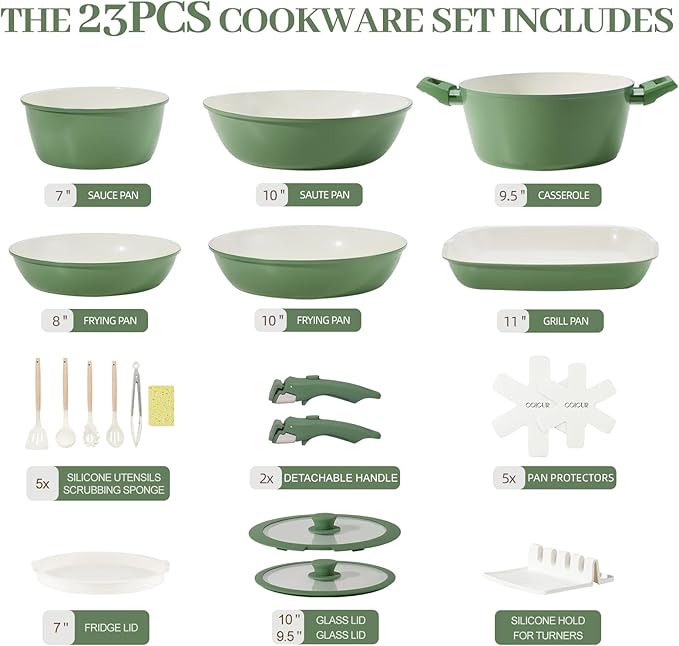 Ceramic Cookware Set Non Stick 23Pcs Pots and Pans Set Non Toxic with Detachable Handle Induction Kitchen Cookware Set Space Saving, Oven & Dishwasher Safe, Green