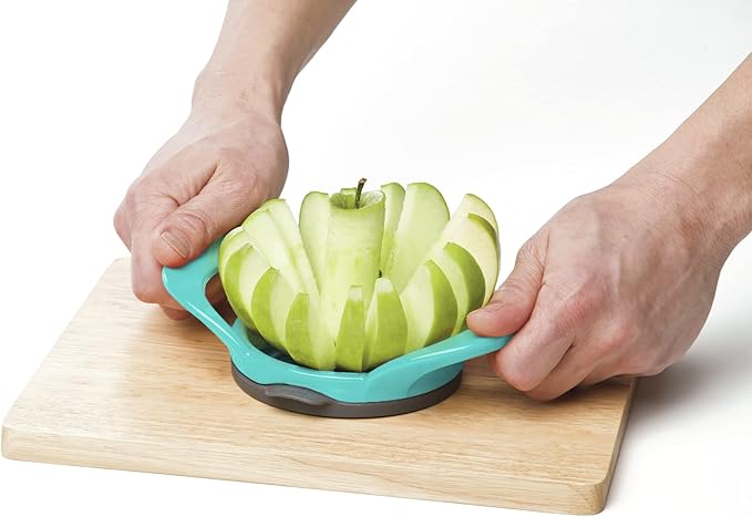 PrepWorks by Progressive Dishwasher Safe 16-Slice Thin Apple Slicer and Corer with Attached Safety Cover (Turquoise)