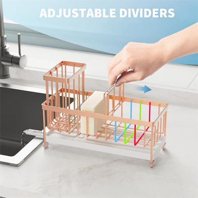 Cisily Rose Gold Sponge Holder for Kitchen Sink, Sink Caddy Organizer with High Brush Holder, Kitchen Countertop Organizers and Storage Essentials, Rustproof 304 Stainless Steel, Soap Dispenser