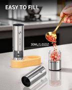 CIRCLE JOY Mini Rechargeable Salt and Pepper Grinder Set with Wooden Base, Dust Cover and External Adjustment, Stainless Steel Electric Pepper Mill Grinders for Kitchen, Outdoors and Travel, Silver