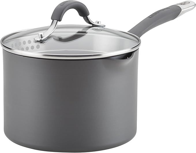 Circulon Radiance Hard-Anodized Nonstick Saucepan, Durable Nonstick Cookware, Sauce Pan with Straining Lid, 3-Quart, Gray