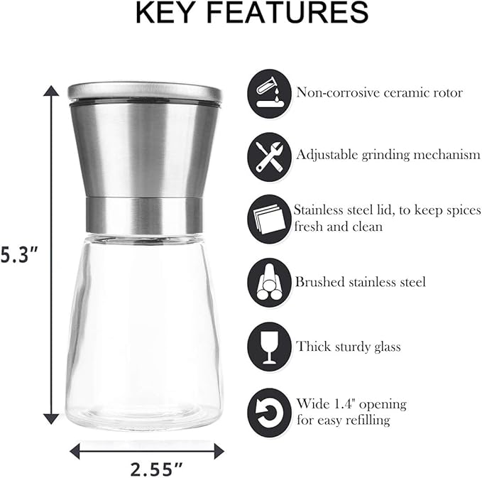Mincham Manual Salt or Pepper Grinder for Professional Chef, Best Spice Mill with Stainless Steel Cap, Ceramic Blades and Adjustable Coarseness, Refillable Glass Body with 6OZ Capacity