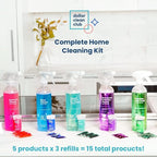 Complete Home Cleaning 15 Pack Kit, Kitchen, Bathroom, Carpet, Dish, and Glass Cleaner Refills
