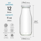 YEBODA 11oz Glass Milk Bottles with Reusable Metal Twist Lids and Straws for Beverage Glassware and Drinkware Parties, Weddings, BBQ, Picnics, Set of 12