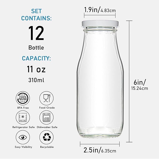 YEBODA 11oz Glass Milk Bottles with Reusable Metal Twist Lids and Straws for Beverage Glassware and Drinkware Parties, Weddings, BBQ, Picnics, Set of 12