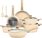Kitchen Academy 12-Piece Induction Cookware Set, Nonstick Granite Pots and Pans in Beige