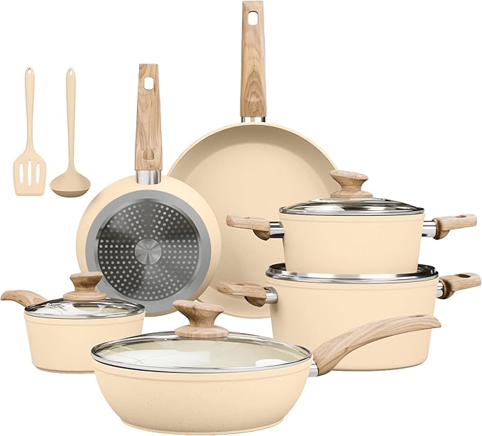 Kitchen Academy 12-Piece Induction Cookware Set, Nonstick Granite Pots and Pans in Beige