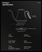 Cocinare Barista Collection Gooseneck Electric Kettle, ±1℉ Precise Temperature Control for Pour-Over Coffee & Tea, Quick Heating 1500W, Stainless Steel Interior, 0.9L (Rainforest)