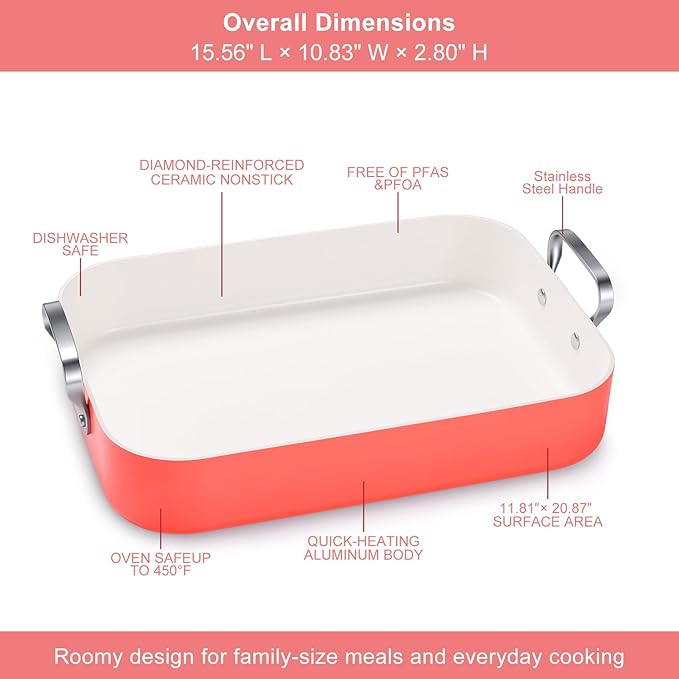 Double Burner griddle Pan,griddle pan for stove top & Oven,15.6x10.8 Ceramic Nonstick stovetop griddle,PFAS-Free,Induction Ready,Stainless Handles,Oven Safe 428°F,4.8QT，Terracotta Red