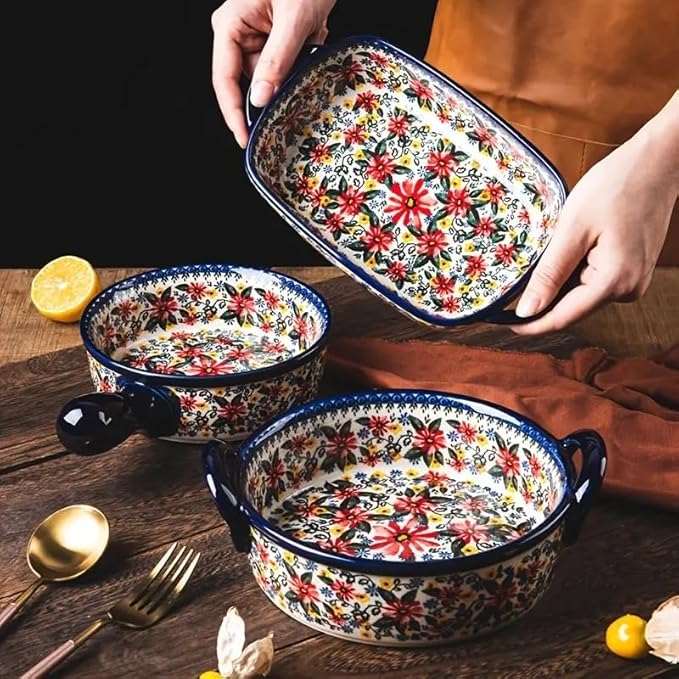 Ceramic Baking Casserole Dish with Handles,Elegant Floral Design Rectangular Lasagna Pan Bakeware for Baking Cooking, Roasting, Broiling, Gratin
