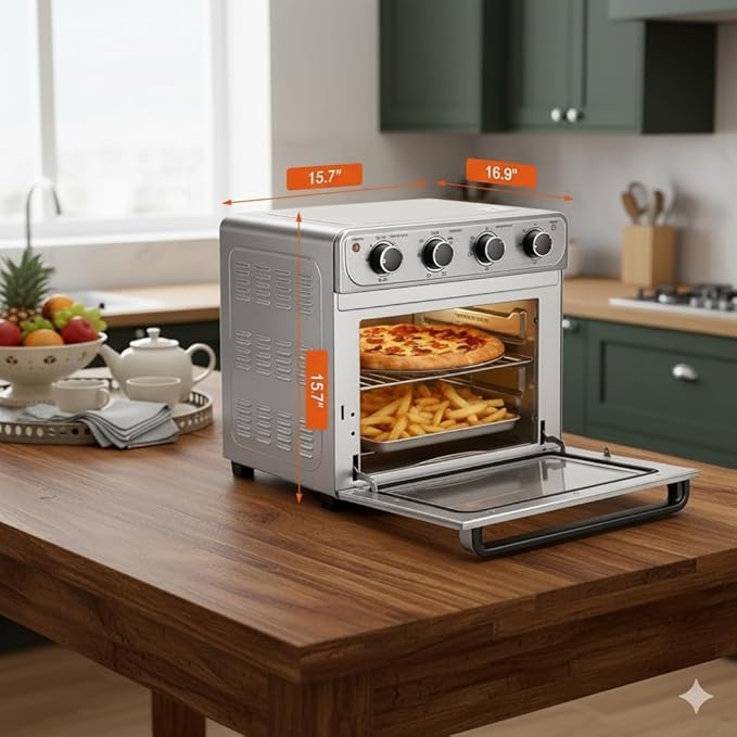 Simple Deluxe 26.4QT XL Air Fryer Toaster Oven Combo, 4-in-1 Countertop Convection Oven with Double Fan Technology, Includes Baking Pan & Fry Basket, Stainless Steel