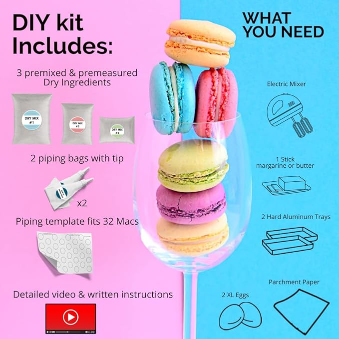 W4W Macalicious Macaron Baking Mix, DIY Bake Your Own French Macarons Kit, Includes All Dry Ingredients, Pastry Bags with Piping Tip, Template & Detailed Instructions, Great activity for Kids & Adults
