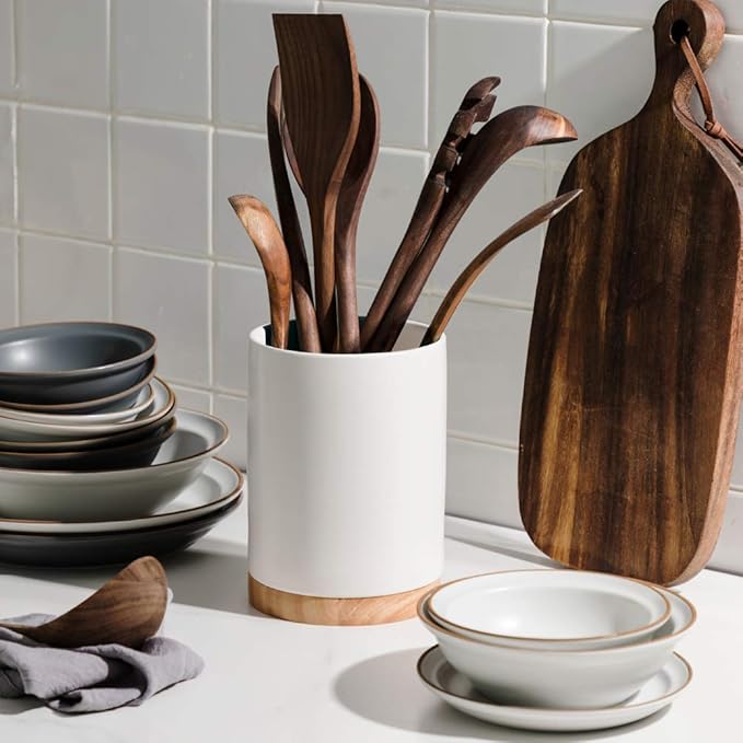 Sweejar Kitchen Utensil Holder with Wooden Bottom, 6.7" Ceramic Utensil Crock to Hold Spatulas for Cooking Countertop, Housewarming, Wedding, Birthday Gift (White)