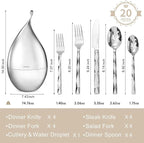 KINGSTONE Silverware Set with Waterdrop Storage Organizer, Luxury 20 Piece Flatware Set for 4, 18/10 Stainless Steel Cutlery Set with Diamond Cut Pattern Ideal for Kitchen,Party and Gift