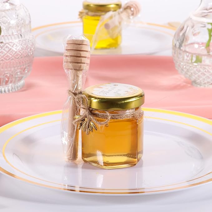 BIGIVACA 1.5 oz Mini Honey Jars - 30 Pack Hexagon Glass Jars with Wood Dippers, Gold Lids, Bee Pendants, Jutes, Stickers for Wedding Favors, Party Favors, Candle Making