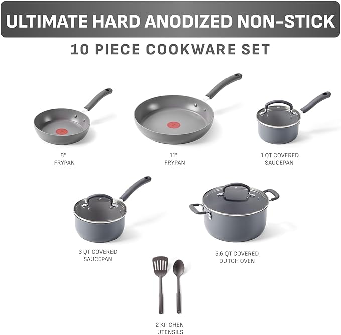 T-Fal Ultimate Hard Anodized Nonstick 10 Piece Cookware Set, Oven Safe Up to 400°F, Dishwasher Safe, Pots and Pans Set, Includes Frying Pans, Saucepan, Stockpot, Cooking Utensils, Stone