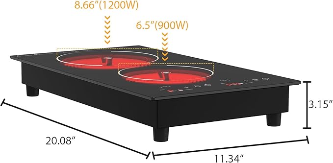 VBGK Electric Cooktop,12 Inch Built-in Radiant Electric Stove Top,110V 2100W 2 burner cooktop With 9 Heating Level, Timer & Kid Safety Lock, Sensor Touch Control 2 burner Induction Cooktop