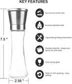 Elegant Pepper and Salt Grinder Set of 2, Best Spice Mill with Brushed Stainless Steel Cap, Ceramic Blades, Adjustable Coarseness, and Refillable Tall Glass Body with 6OZ Capacity (7.5").