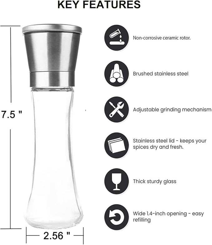 Elegant Pepper and Salt Grinder Set of 2, Best Spice Mill with Brushed Stainless Steel Cap, Ceramic Blades, Adjustable Coarseness, and Refillable Tall Glass Body with 6OZ Capacity (7.5").