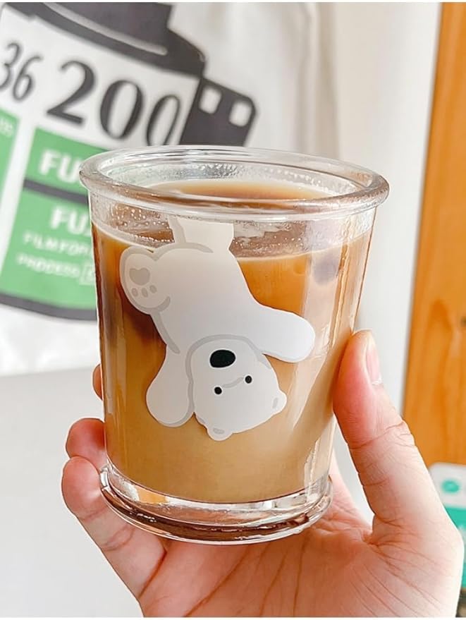Set of 2 12 OZ French Drinking Glasses Clear Glass Coffee Cup Cute Bear Dog Glass Cups for Iced Tea,Juice,Coffee,Milk,Latte,Dessert,Stackable Glassware Drinkware Set