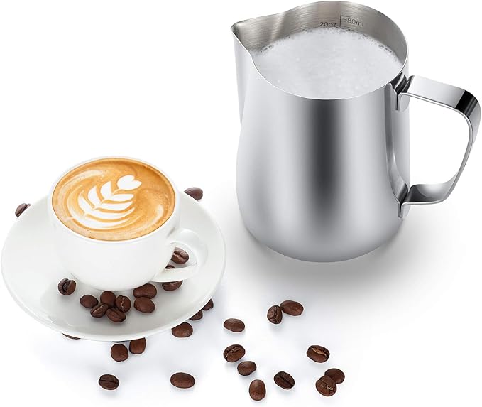 Milk Frothing Pitcher, 20oz Steaming Pitcher Stainless Steel Espresso Machine Accessories for Coffee Bar, Cappuccino Barista Tools Milk Jug Steamer Frother Cup with Decorating Latte Art Pen