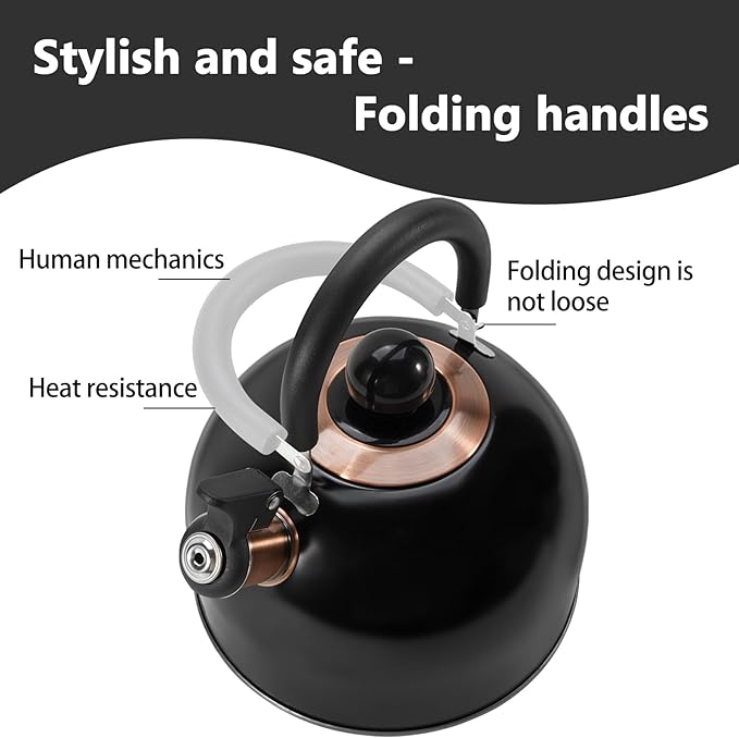 Tea Kettle,Whistling Tea Kettle Stovetop 2.6 Quart, Tea Pots for Stove Top Food Grade Stainless Steel,Wood Pattern Handle(Black),With Anti Scald Towel
